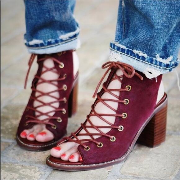 Jeffrey Campbell x Free People red burgundy minimal lace up heel size 7.5 suede - Picture 2 of 12